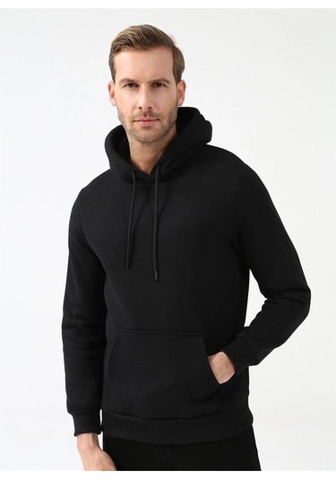 Süvari Kapüşonlu Yaka Regular Kalıp Düz Siyah Sweatshirt Siyah