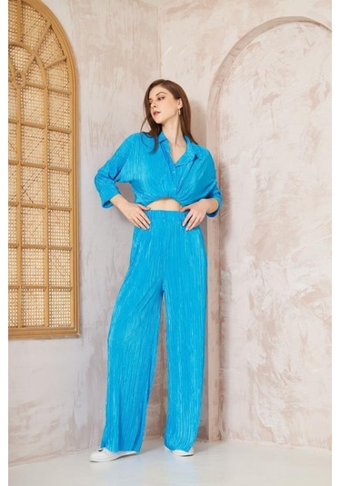 Kadın Pliseli Beli Lastikli Pantolon Tunik Gömlek Ikili Bürümcük Salaş Takım 3573300 Mavi