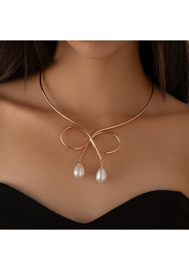 Takı Punk Metal Düz Halka Fiyonk Kolye Kadın Tatlı Serin Su Damlası İmitasyon İnci Gerdanlık Kolye Diğer