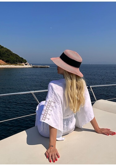 Mayovera Kimono - Nakışlı Beyaz %100 Keten Plaj Elbisesi Beyaz