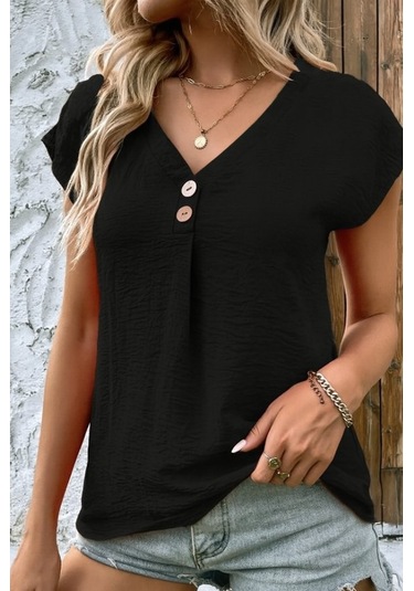 Kadın Kısa Kollu V Yakalı Düğmeli Keten Bluz Karışık