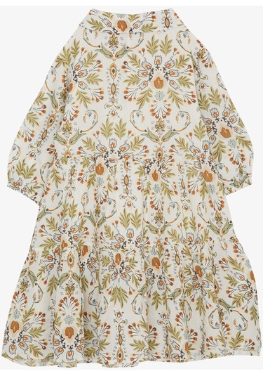 Escabel Kız Çocuk Elbise Çiçek Motifli Kolları Volanlı 5-9 Yaş, Ekru-ekru Ekru