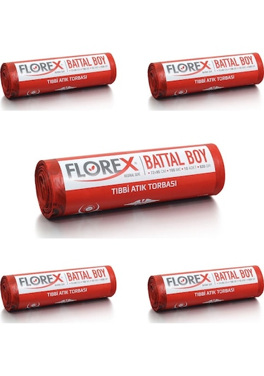 Florex Tıbbi Atık Çöp Poşeti Battal Baskılı Kırmızı 10 Yaprak 5 Rulo 72 x 95 CM