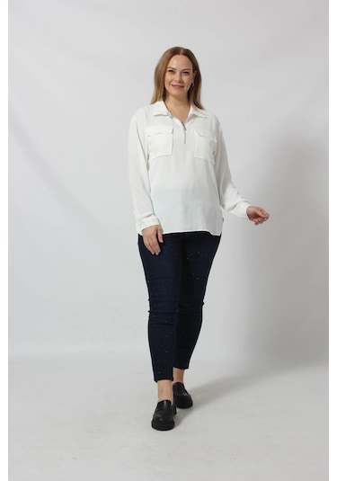 Moda Berray 3055 Yaka Fermuarlı Yandan Yırtmaçlı Gömlek Beyaz