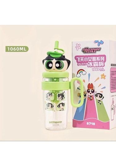 Wangxi Powerpuff Kızlar Buttercup Yeşili Blossom Su Bardağı Pipetli Kapaklı 37oz Ice King Kupa Sızdırmaz Seyahat Matarası Ahşap