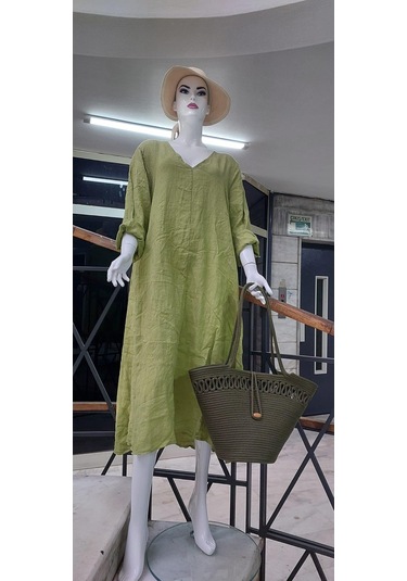 İtalyan V Yaka Uzun Kol Keten Elbise-8907 Fıstık Yeşili