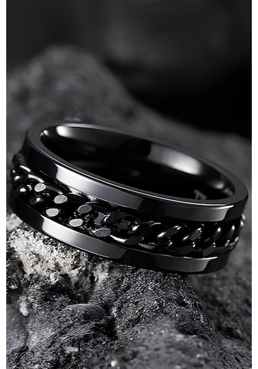 Ortası Dönebilen Zincirli Erkek Kadın Anti-stres Çelik Alyans Yüzük Cl43 Mavi - Siyah