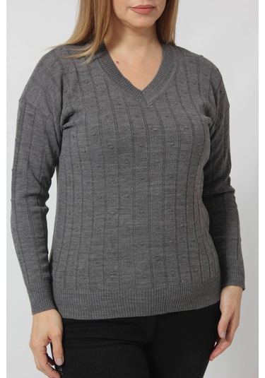 Y6328 Fındık Örgü Detaylı Triko Kazak Gri