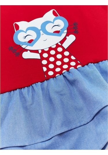 Denokids Kedi Fırfırlı Kırmızı Kız Elbise Kırmızı