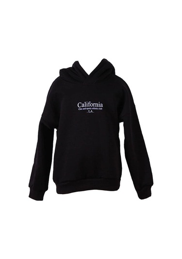 Trender Baskı Kapüşonlu Siyah Kız Çocuk Sweatshirt 3 İp Şardonlu California SiYAH