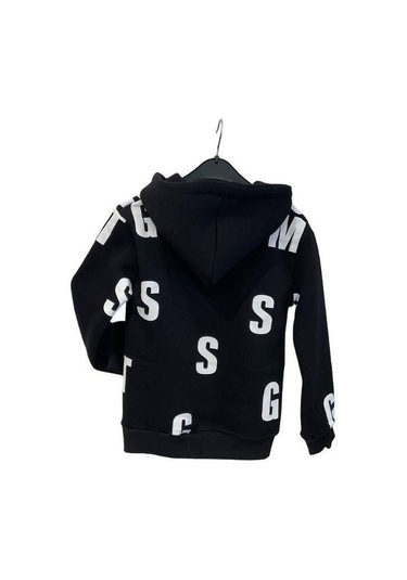 Ekkokids Çocuk Harf Baskılı Şardonlu Kapuşonlu Sweatshirt-15195 Siyah