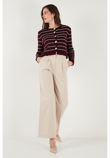 Lela Standart Fit Çizgili Yumuşak Dokulu Crop Triko Bayan Hırka 4615551 Bordo
