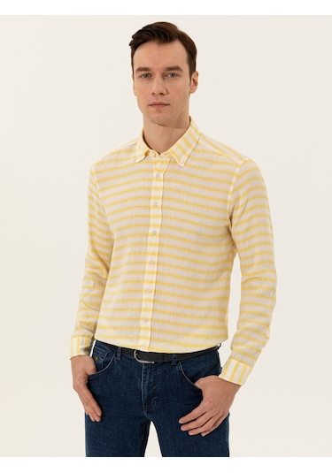 Cacharel Sarı Keten Karışımlı Slim Fit Uzun Kollu Gömlek