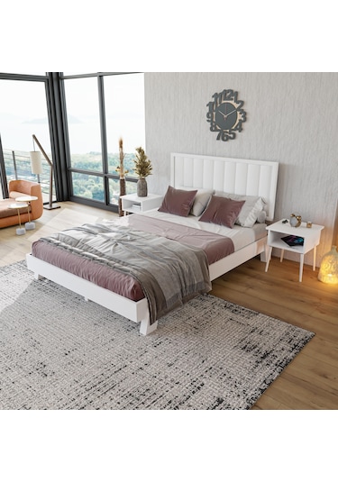 Hüma Model Beyaz Renk Çam Ahşap Karyola Dikey -274 160 x 200 CM