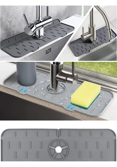 Vkemall Silikon Lavabo Izgarası 37x14 Cm - Su Sızıntısı Engeli, Mutfak/banyo Organizer, Gri Tek Adet Gri