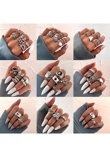 If Me Kore Moda Altın Gümüş Yüzük Seti Kalp Şeklinde Kelebek Ultra İnce Yüzükler Kadın Aksesuarları 17 Altın - Gümüş