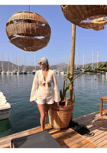 Kadın Çiçek Desenli Keten Şort-bluz Takım - Özel Tasarım Beyaz