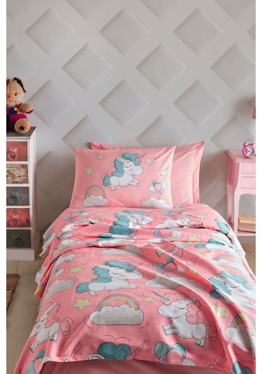 Enlora Home Doğal Pike Baskılı Tek Kişilik Unicornio Pembe