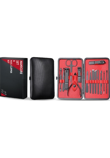 CİN290 Deri Çantalı Manikür Set Tırnak Makası Seti 15 Parça Siyah