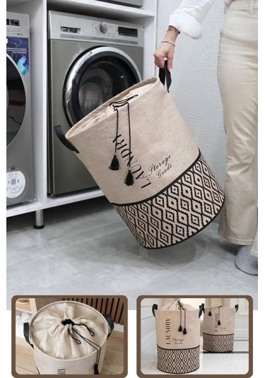 Flora Torbalı Çamaşır Oyuncak Sepeti, Ağzı Büzgülü Dekoratif Saklama Sepeti 35x50cm Bej