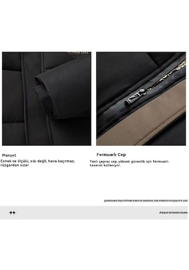 Edwardest Sonbahar/kış Kalınlaştırılmış Grafen Kapüşonlu Kadın Pamuklu Mont Siyah Altın Astarlı Pamuk Astarlı Sıcak Mont Haki