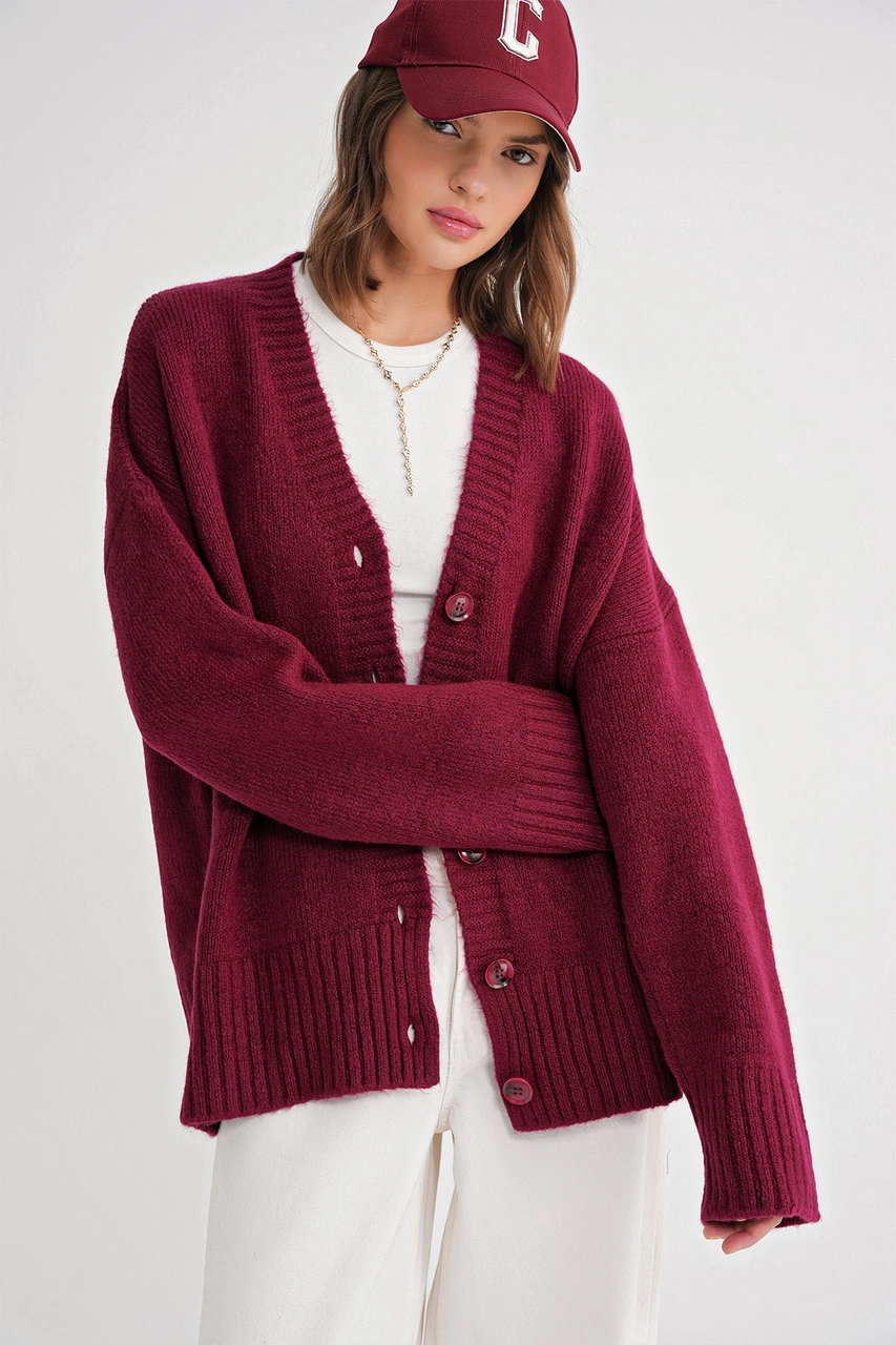 Mixray 6927 Kadın Yumuşak Dokulu Salaş Basic Triko Hırka Bordo