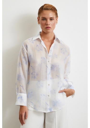 Organze Desenli Tül Gömlek Mavi Mavi