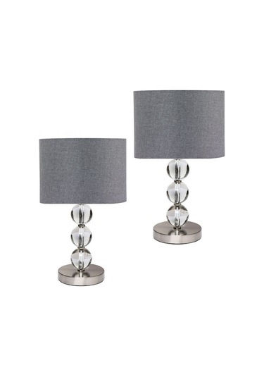 2 Adet Cam Gövdeli Krom Ayaklı Kumaş Başlıklı Dekoratif Masa Gece Lambası Füme