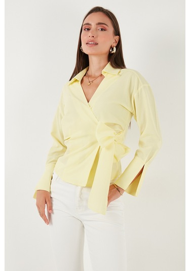Lela Pamuklu Regular Fit Uzun Kollu Bağlama Detaylı Bayan Gömlek 65200538 Sarı