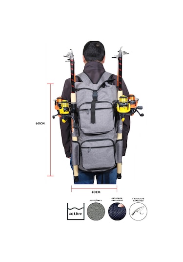 Wolfish Balıkçı Sırt Çantası Gri 4 Olta Kapasiteli