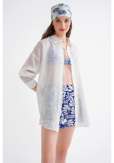 4667 Kadın İnce Oversize Modal Gömlek Beyaz Beyaz