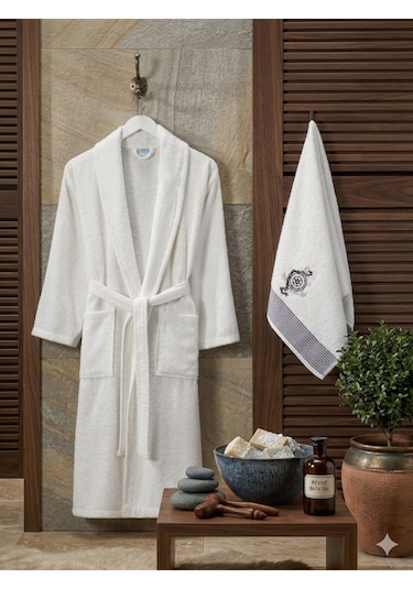 Premium 2'li Aile Bornoz Seti Çeyizlik Pamuklu Hediyelik Banyo Takımı L/xl Krem