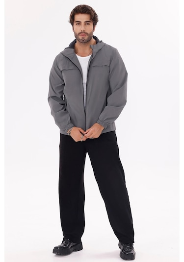 Erkek Kapüşonlu Nova Kumaş Hafif Ve Dayanıklı Şık Mevsimlik Su Ve Rüzgar Geçirmez Yağmurluk Antrasit