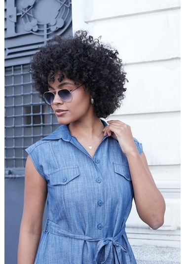 Kadın Kot Görünümlü Kumaş Yakalı Düşük Omuzlu Cep Kapaklı Yan Cepli Diz Boy Elbise-açık Mavi A.mavi