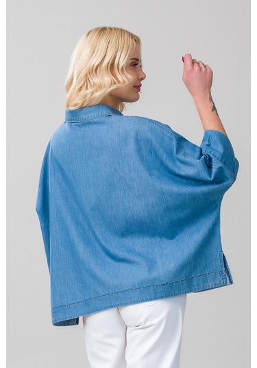 Kadın Gömlek Yakalı Yaka İndigo Mavi Kol Ucu Manşetli İnce Kot Kumaş Bluz Açık Mavi