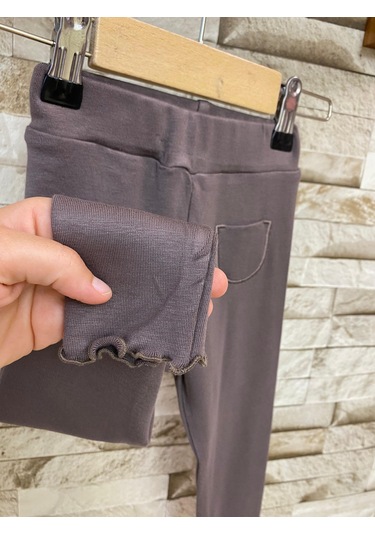 Aysbebe Kalp Nakışlı Çizgili Tişört + Tayt Buzi Kumaş Takım Kahverengi