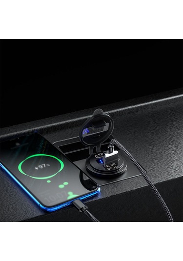 Geeksen Araç Usb Şarj Cihazı Pd 30w+qc3.0 18w Hızlı Şarj, Voltaj Göstergeli, Mavi Işık, 12-24v, Abs Malzeme