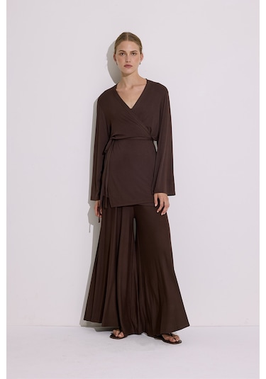 Bağlamalı Dökümlü Kimono Kahverengi Kahverengi