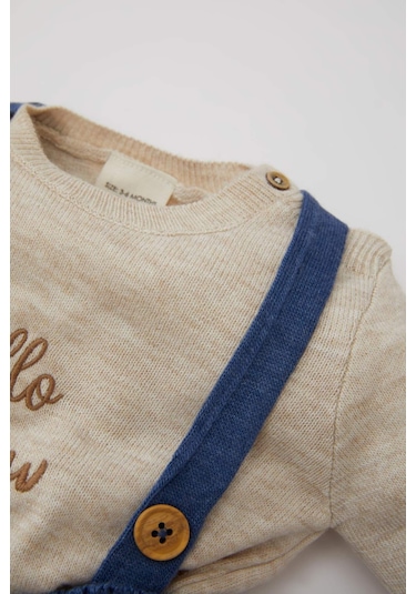 Defacto Erkek Bebek 2'li Takım Uzun Kollu Nakış Bisiklet Yaka Triko Kazak Ayarlanabilir Askılı Örgü Desenli Triko Salopet C9592A524AUBE341 Mavi