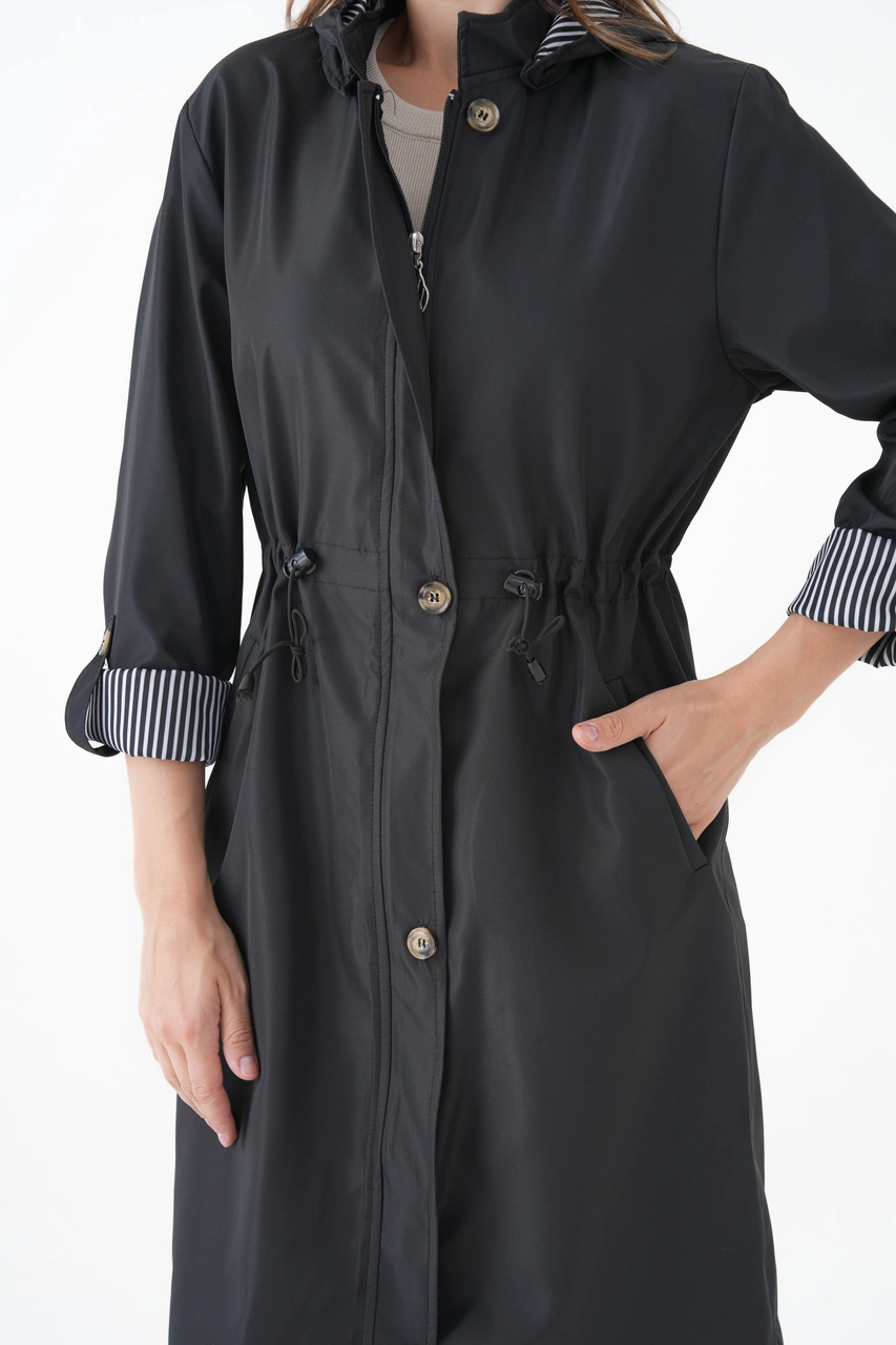 Kadın Rüzgar Ve Su Geçirmez Bondit Kumaş Çıkarılabilir Düğmeli Kapüşon Beli Tünelli Mevsimlik Trençkot Siyah