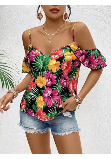 Munn Collection Kadın Askılı Omuzlardan Açık Çiçek Baskılı Bluz Desenli