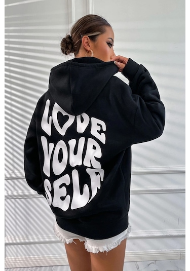 Modagen Kadın Siyah Love Baskılı Oversıze Kapüşonlu Sweatshırt Siyah