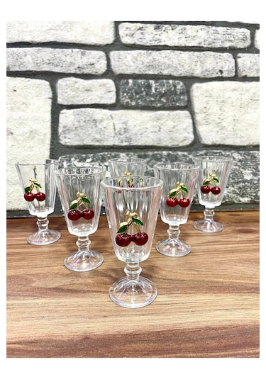 6 Lı Kristal Cam Kahve Yanı Bardağı Kiraz Bardak Kirazlı Flüt 75m