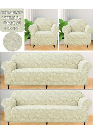 Koltuk Örtüsü Takımı 3311 Yıkanabilir Streçli Lastikli Esnek Krem
