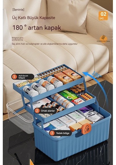 Bosphorusboutique02 Pratik Ev Acil İlaç Kutusu - Çok Katlı, Büyük Kapasiteli, Ekstra Büyük Mavi Kristal Model Mavi