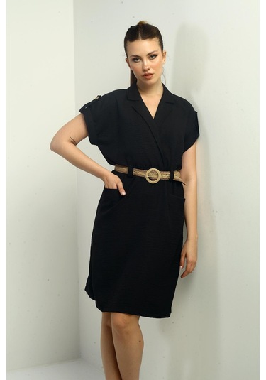 Kadın Torba Cepli Beli Kemerli Elbise-40433 Siyah