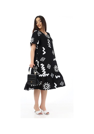 Schık Kadın Viskon Yarım Kol V Yaka Cepli Fırfırlı Elbise Siyah Siyah