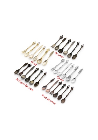 Sones Adet / Set Vintage Mini Kahve Kaşıkları Takım Kraliyet Tarzı Metal Oymalı Kahve Meyve Kesici Tatlı Çatal Bıçak Takımı Mutfak Aletleri Antik Bronz Antik Çatalla