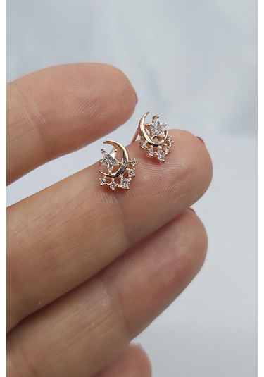 925 Ayar Rose Renk Yıldızlı Hilal Gümüş Küpe