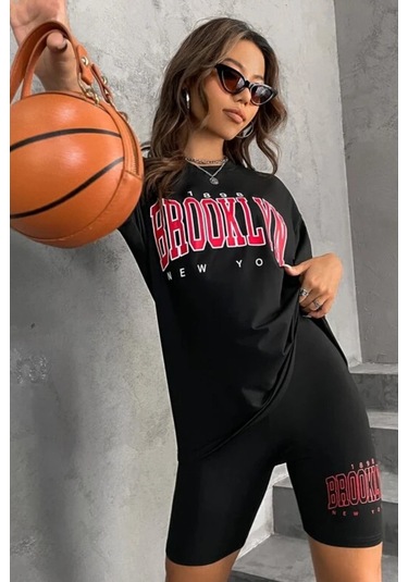 Modagen Kadın Oversize Siyah Brooklyn New York Baskılı Tshirt Tayt Takım Siyahk